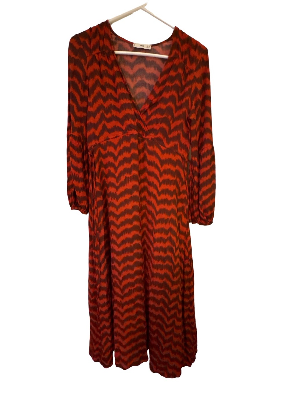 Mango Red and Black Wave-Print Long Sleeve V-Neck Dress